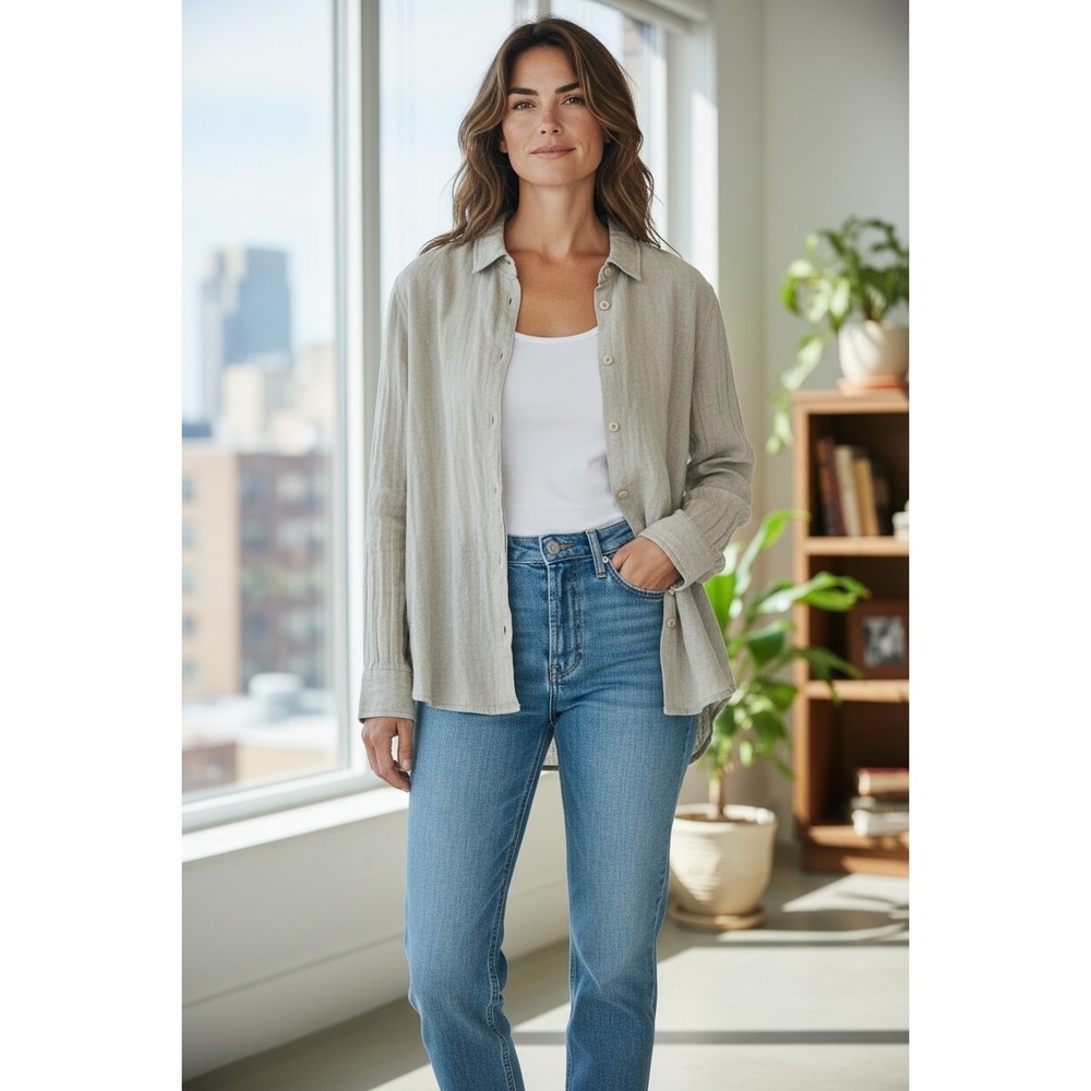 Womens Flax Long Sleeve Blouse Light Tan‎ Linen/Cotton Size Large Lagenlook